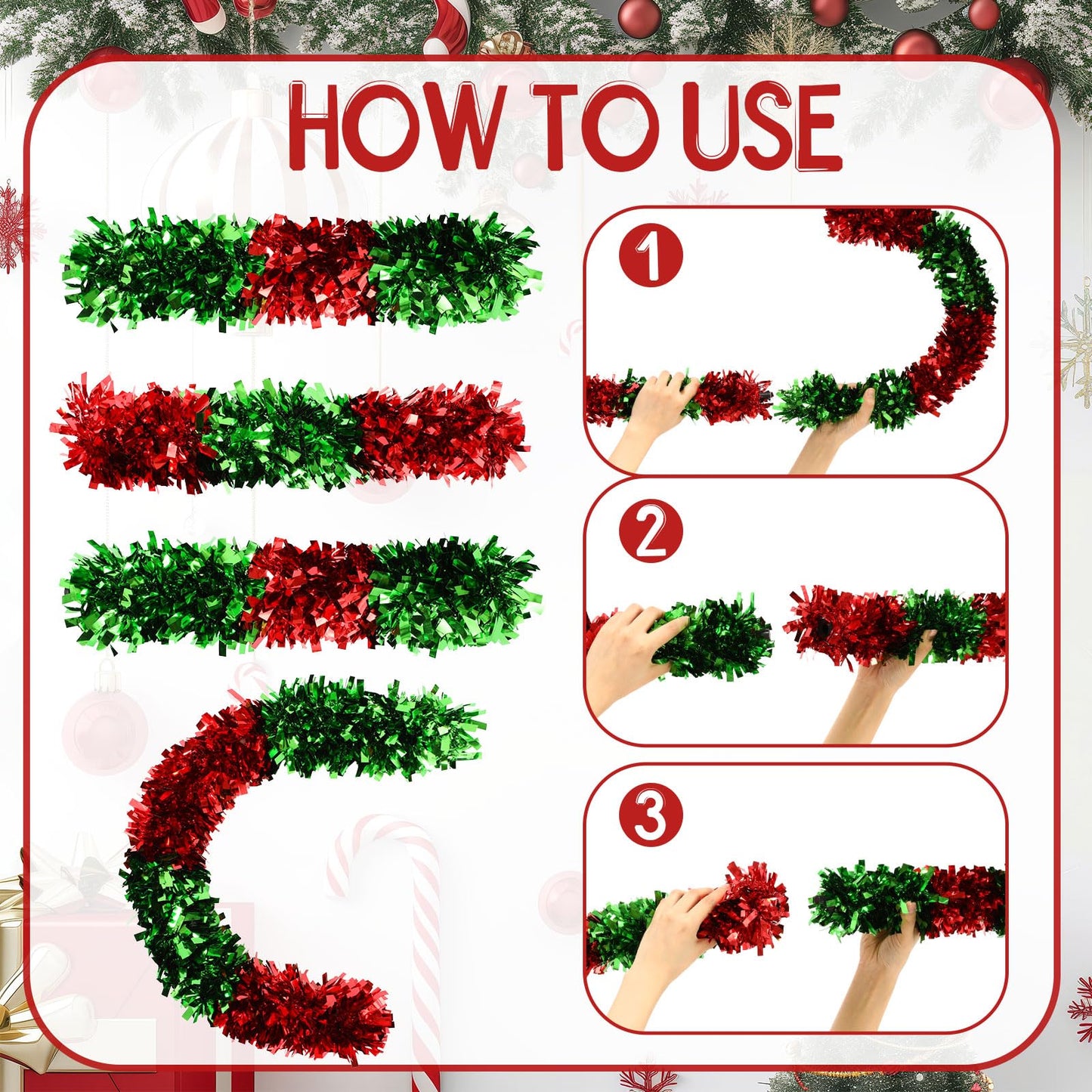 Vinsot 4 Pack Christmas Giant Candy Cane Decorations 15 x 55 Inch Red Green Tinsel Giant Candy Cane Decoration Sticks Christmas Hanging Ornaments for Xmas DIY Indoor Outdoor Party Supplies