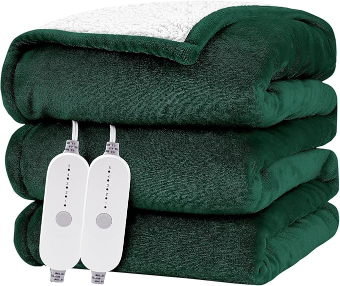 HYLEORY Heated Electric Blanket Queen 84"x90" Soft Fleece & Flannel with 5 Heating Levels & 10 Hours Timer Auto Shutt Off, ETL Certified, Washable，Heated Blanket for Body-Dark Green