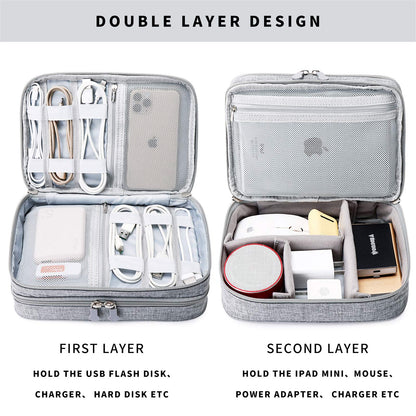 Lanola Travel Cable Organizer Bag, Electronic Accessories Case Portable Double Layer Cable Storage Bag for Cord,phone,Charger, Flash Drive, Phone, SD Card,Personal Items - (Grey)