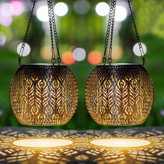 LeiDrail Hanging Solar Lanterns 2 Pack Solar Lanterns Outdoor Waterproof Garden Metal Decorative Light Patio Decor for Outside Yard Tree Tabletop Landscape