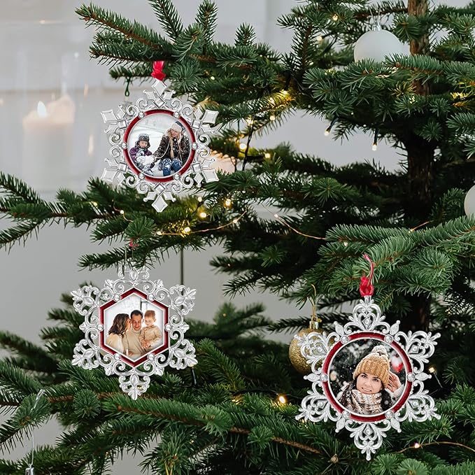 West style Snowflake Picture Frame Ornament Christmas Tree Ornaments Set 3 Pieces-Metallic Hanging Home Deco Hanging Pendant Holiday Keepsake Gift (Red, 3 Pieces)