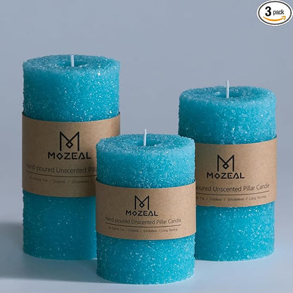MOZEAL Hand-Poured Granular Texture Decorative Turquoise Pillar Candles Set of 3 (3"x4", 5", 6"), Dripless, Unscented, Smokeless, for Coastal Style, Summer Patio & Boho Beach House Décor