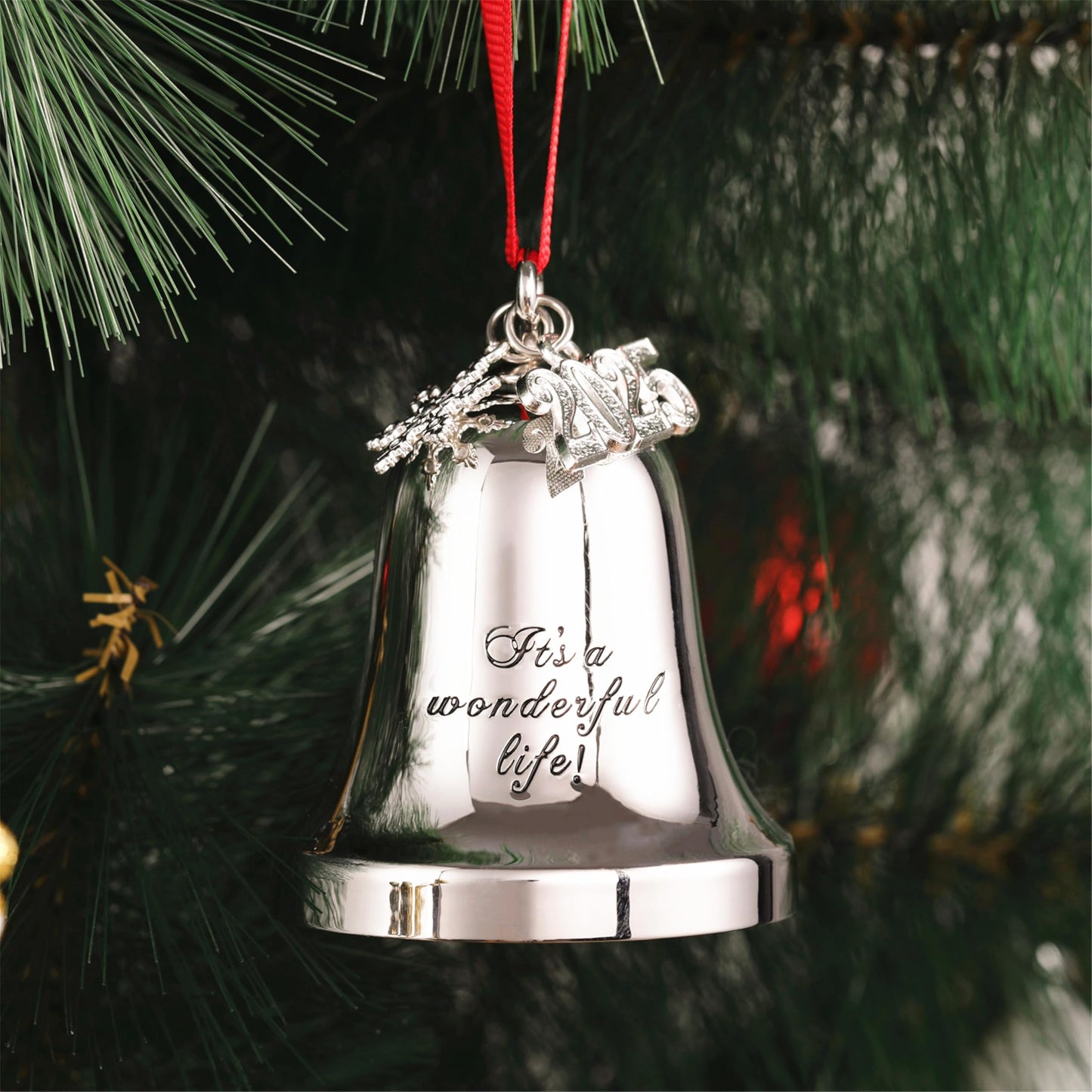 JUPPE It's a Wonderful Life Silver Bell Christmas Ornament, 3 Inch Metal Holiday Tree Decoration with Snowflake Topper, 2026 Charm and Red Ribbon (Silver)