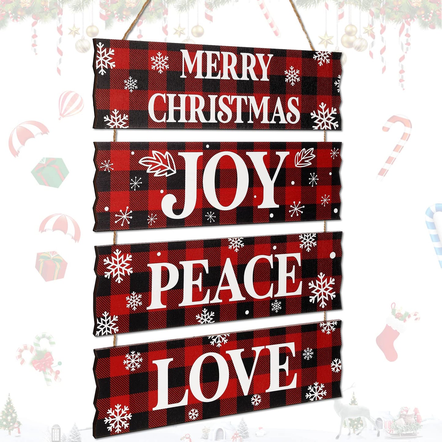 Geelin 4 Pcs Christmas Wood Hanging Signs - Merry Christmas, Joy, Peace, Love - Wooden Square Sign Decoration for Home Indoor Outdoor(Plaid Style)