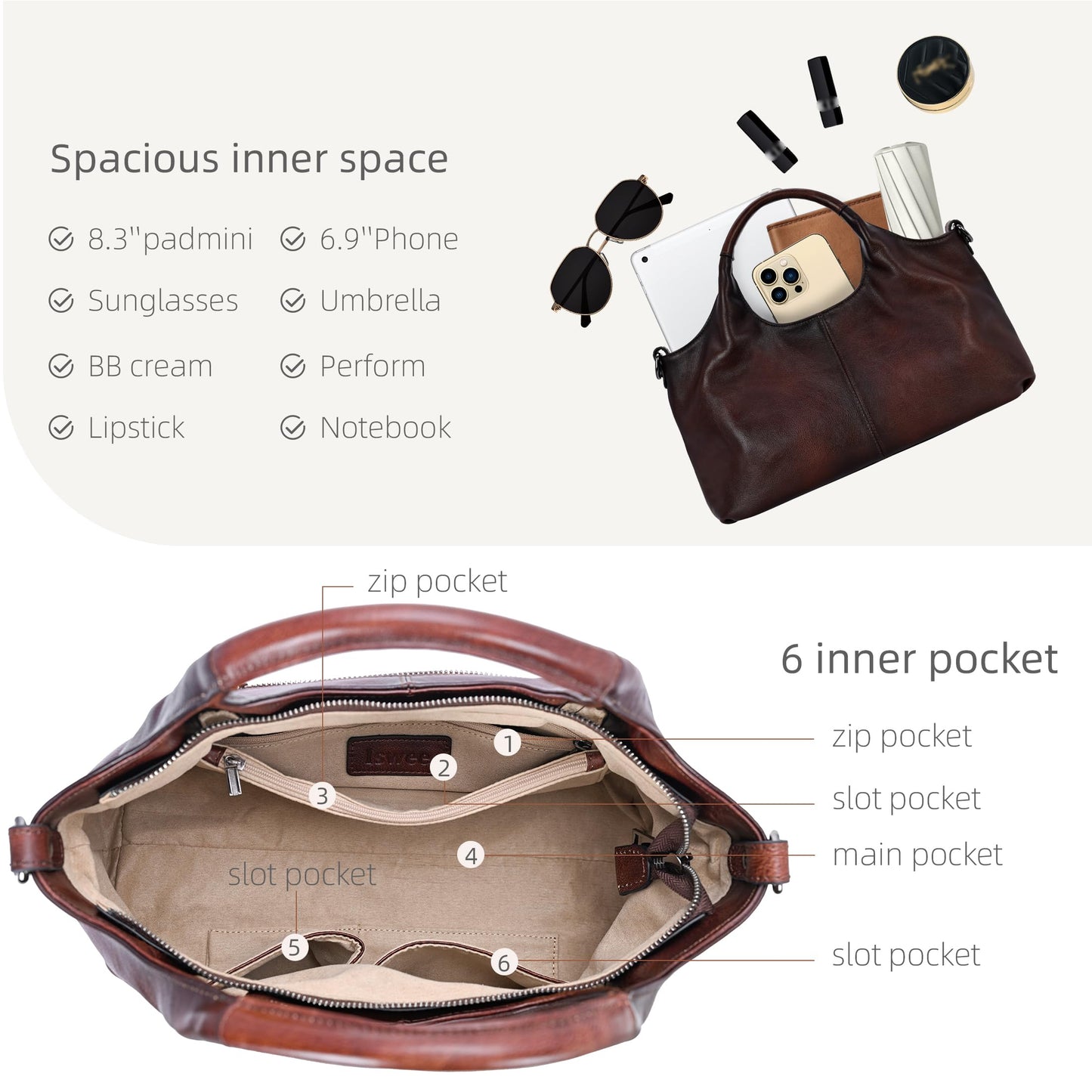 Iswee Genuine Leather Purses for Women Satchel Handbags Crossbody Shoulder Bag Designer Top Handle Bag Hobo Medium Size (Coffee)