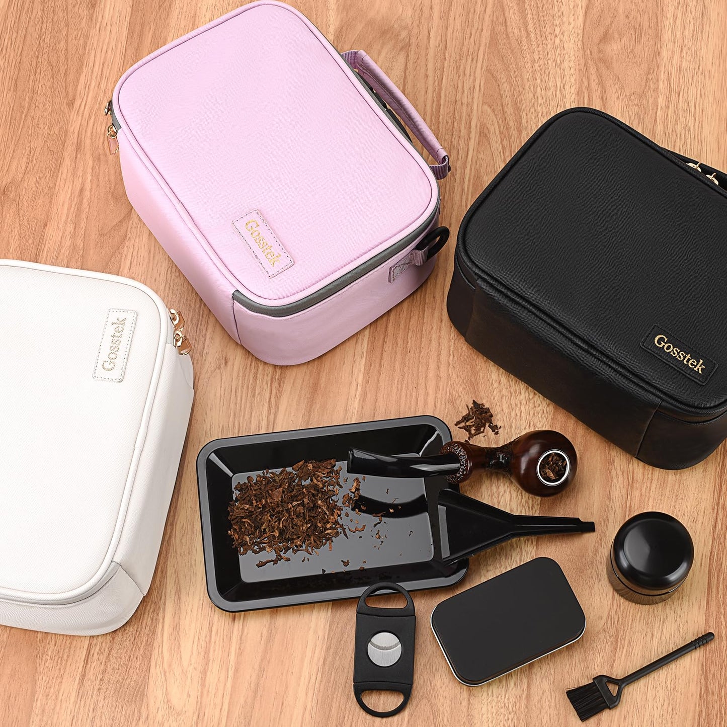 Gosstek Pink Leather Cosmetic Carrier Bag with 10 Accessories, Premium Organizers Box Case with Combination Lock and Great Gift for Women, Childproof Organization Container Pouch 9 X 6 X 4 Inches.