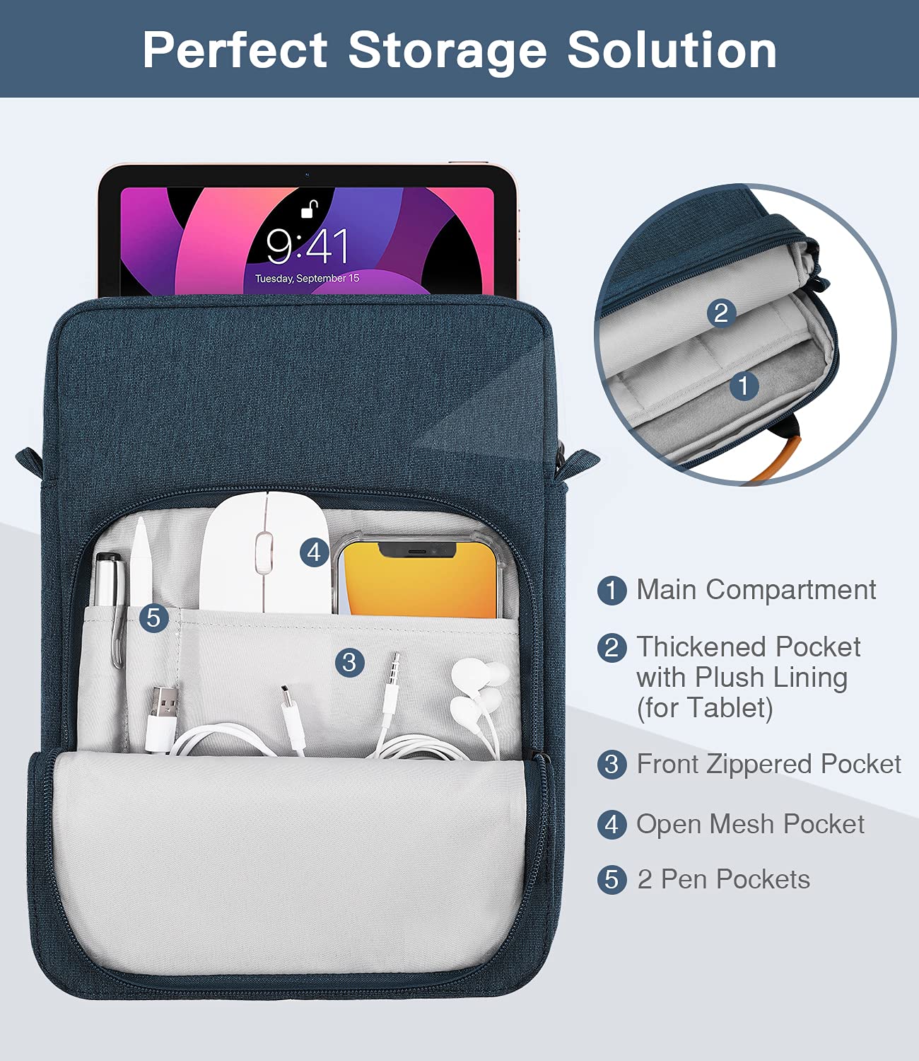 MoKo 9-11 Inch Tablet Sleeve Bag Handle Carrying Case with Shoulder Strap Fits iPad Pro/Air/A16 11 inch,iPad 10th 10.9,i-Pad 9/8/7th 10.2,iPadAir 5/4th 10.9,i-Pad 9.7,Tab S8/S9 11", Indigo