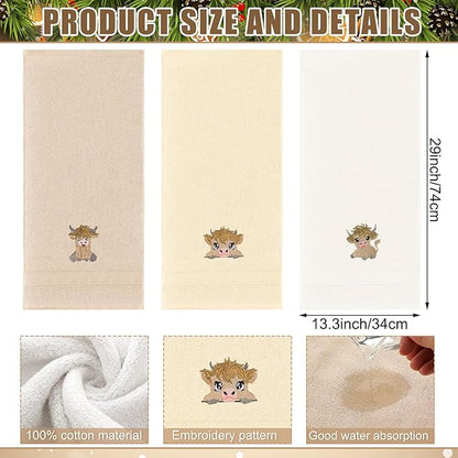 3 Pcs Mini Baby Highland Cow Hand Towels