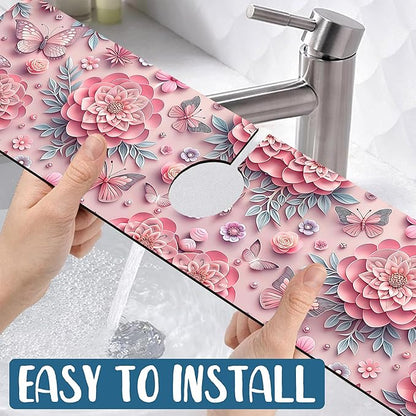 Pink Floral Sink Splash Guard Faucet Mat Flower Butterfly Super Absorbent Fast