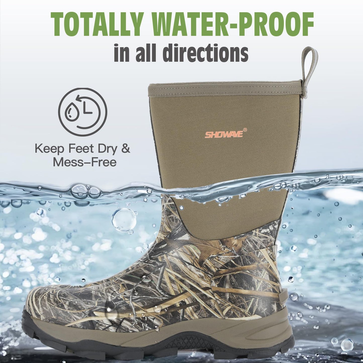 Showave Men's Rain Boots Waterproof Rubber Mud Boots, Camo 8
