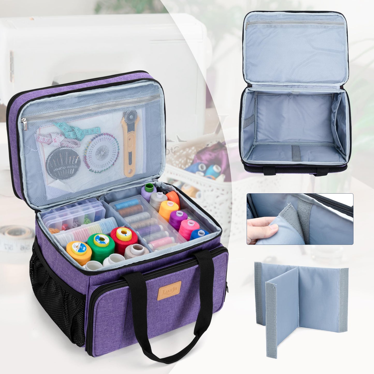 LUXJA Large Sewing Organizer with Many Compartments, 2 Layers Sewing Storage Bag with Varisized Pockets for Sewing and Crafting Supplies (Bag Only), Purple