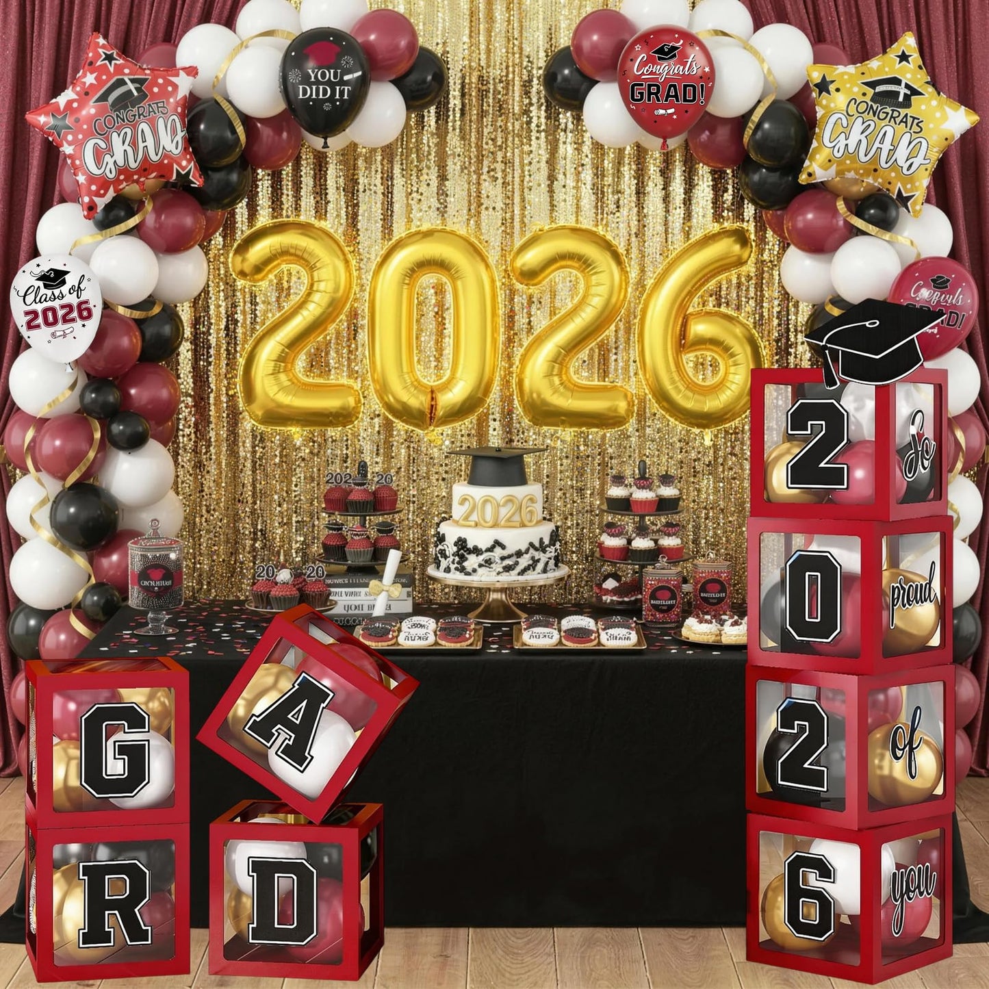 Maroon Prom Graduation Decorations Gold 2026 Number Balloons Boxes Burgundy Black Congrats Party GRAD So Pround of You Letters Star Foil Wine Red White Balloon Backdrop School College Celebrations