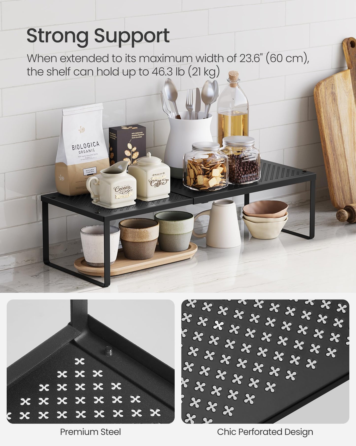 SONGMICS Set of 2 Expandable Pantry Kitchen Organizers, Adjustable Spice Rack, Stackable Cabinet Organizers, Metal, Space-Saving Tabletop Shelves, Matte Black UKCS402B01