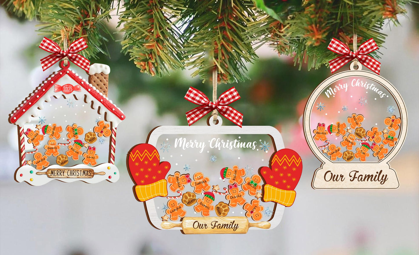 Funny Family Shaking Gingerbread Christmas Ornament DIY 1-15 Names New Year Party Home Decoration Xmas Tree Hanging Ornament Keepsake Gifts for Family Friend (Style 1)