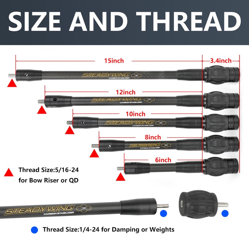 AMEYXGS Archery Bow Stabilizer for Compound Bow, 3K Carbon Fiber 6", 8", 10", 12" 15" Rods, Damping System, Weights Kit, Single Side V-Bar Mount,Quick Disconnect (15″)