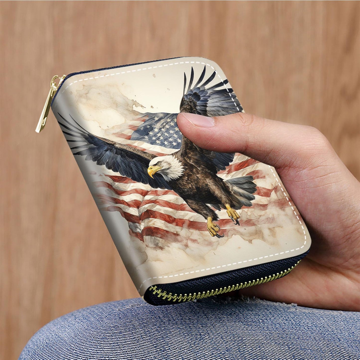WEUIUJKILO Credit Card Holder Wallets for Women, Patriotic American Flag Bald Eagle Design RFID Blocking Small Leather Card Case Wallet with Zipper Accordion Wallets