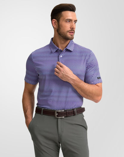 Obla Mens Golf Polo Shirts Short Sleeve Dry Fit Performance Moisture Wicking Casual Print Collared Golf Shirts for Men(Purple Square_L)