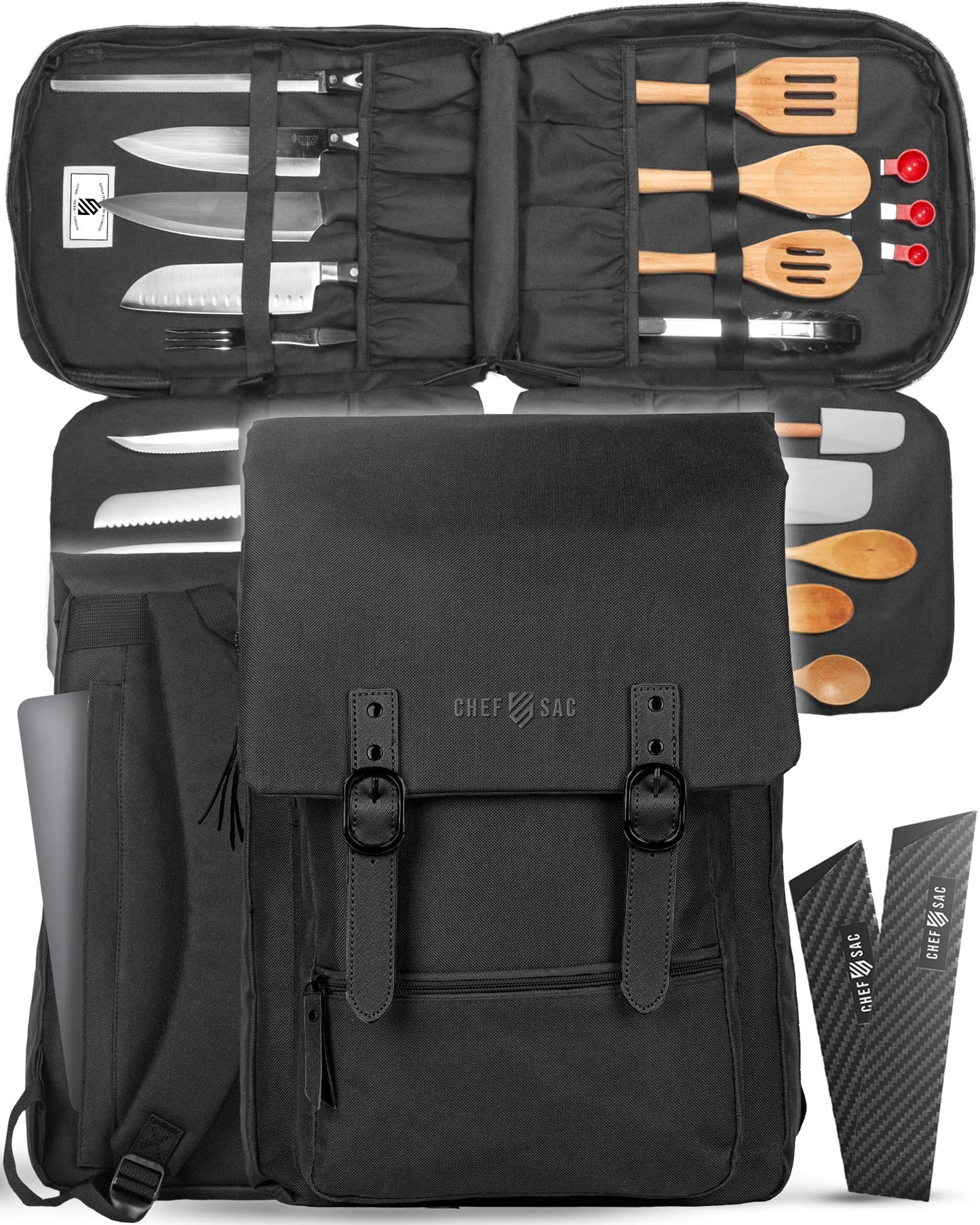 Chef Knife Bag Vintage Backpack VINTAGE, Professional Knife Carrying Case for Chefs & Culinary Students, 30+ Pockets, Holds 10" Knives, Water-Resistant 600D Material (Night Black)