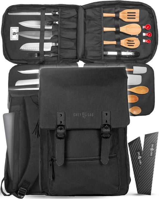 Chef Knife Bag Vintage Backpack VINTAGE, Professional Knife Carrying Case for Chefs & Culinary Students, 30+ Pockets, Holds 10" Knives, Water-Resistant 600D Material (Night Black)