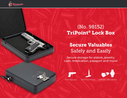 Hornady Steel Keyed TriPoint Lock Box, Portable Gun Lock Box, Travel and In-Home Security Box for Valuables, Approved by TSA for Air Travel- XL, 10 x 8 x 3 inches- 98152,Black