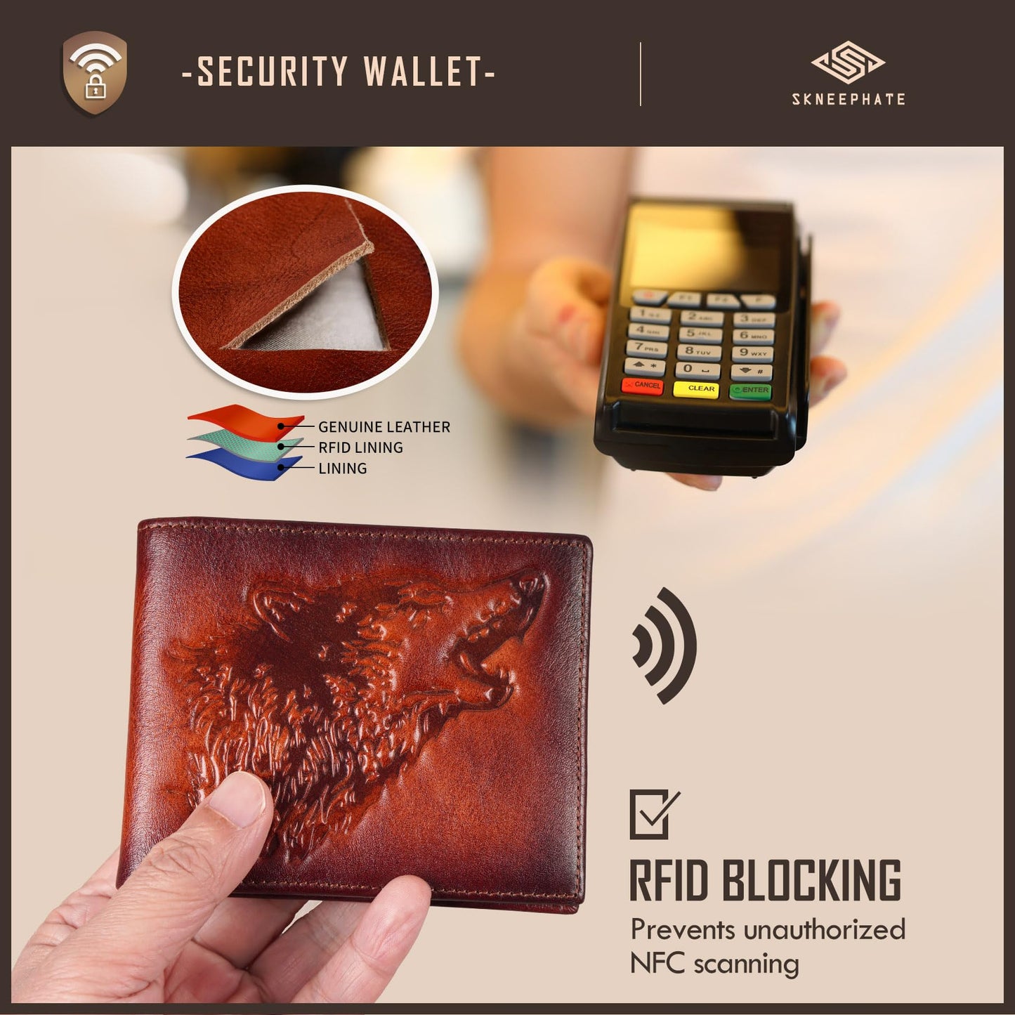 skneephate Mens Wallets Leather Bifold Cool Wallet For Men Wolf,Rfid Blocking,Gift For Him Husband (brown)