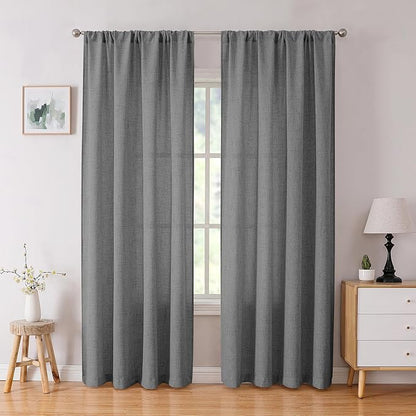 Tollpiz Linen Curtains Bedroom Rod Pocket Semi Sheer Curtain Burlap Light Filtering Thick Linen Drapes for Living Room, 54 x 84 inches Long, Dark Grey, Set of 2 Panels