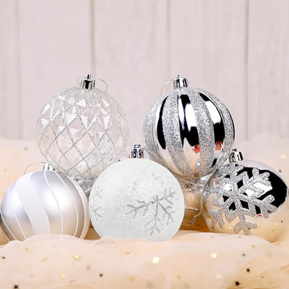 SHareconn 80mm Christmas Balls Ornaments,12PCS Colored Shatterproof Plastic Decorative Hanging Tree Decorations Baubles Set for Xmas Tree Holiday Party Wedding Decoration with Lanyard, Silver&White