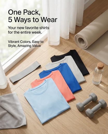 Real Essentials 5 Pack: Women's Short Sleeve T-Shirts Workout Tops Fitness Pilates Gym Activewear Athletic, Set 7, L, Pack of 5