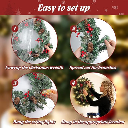 FR Artificial Pre-Lit Fir Christmas Wreath Holiday Accent Decoration, Wintry Pine, Decorated with Pine Cones Berry Clusters, with LED Lights Battery Operated for Door, Mantel - 16 Inch