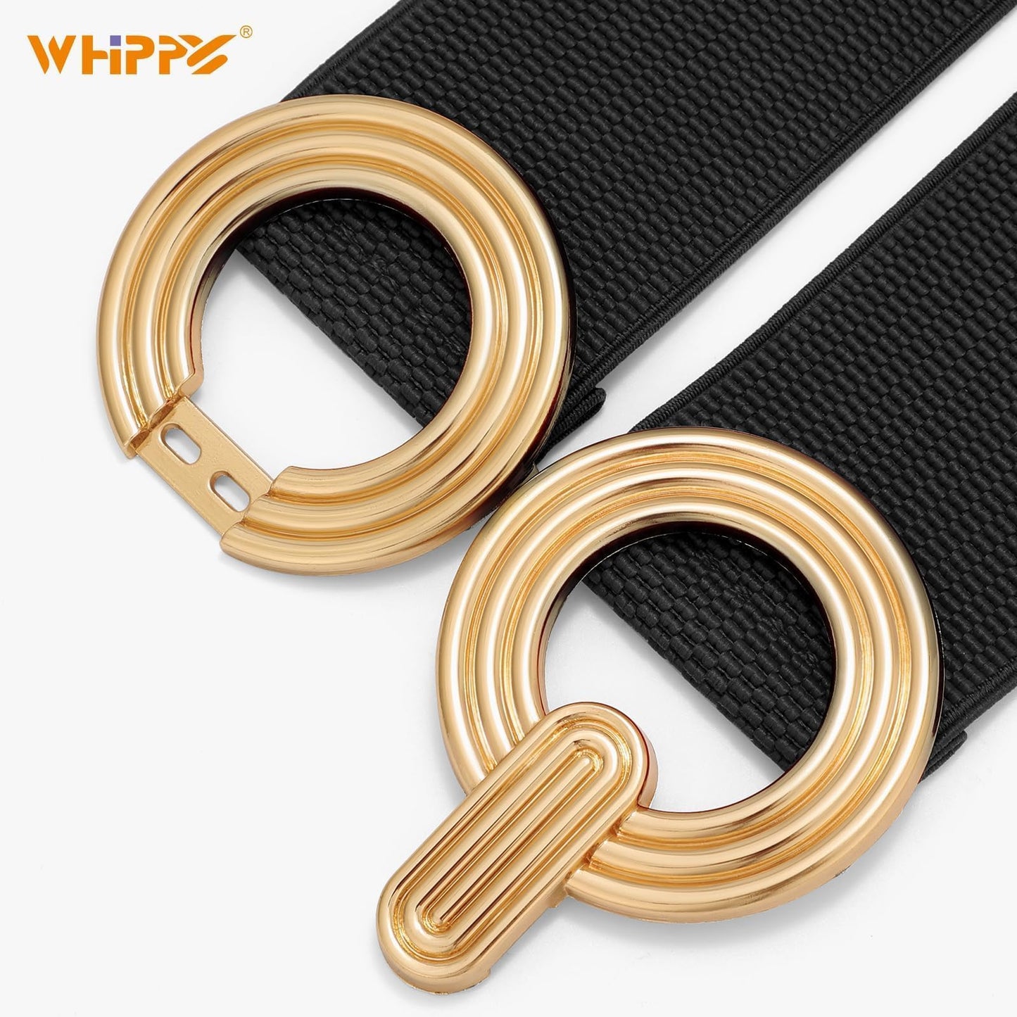 WHIPPY Women Wide Elastic Waist Belt Fashion Hollow Out Round Gold Buckle Stretchy Belt Waistband for Ladies, Black, XL