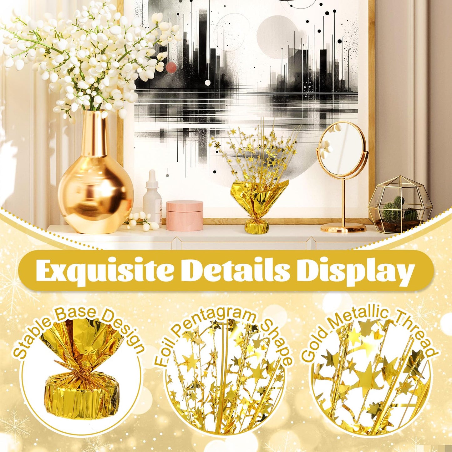6 Pcs Metallic Foil Spray Centerpiece Star Table Decoration Gold Centerpieces Decors with Star Burst Table Centerpieces for Birthday Wedding Holiday Anniversary Graduation Home Party