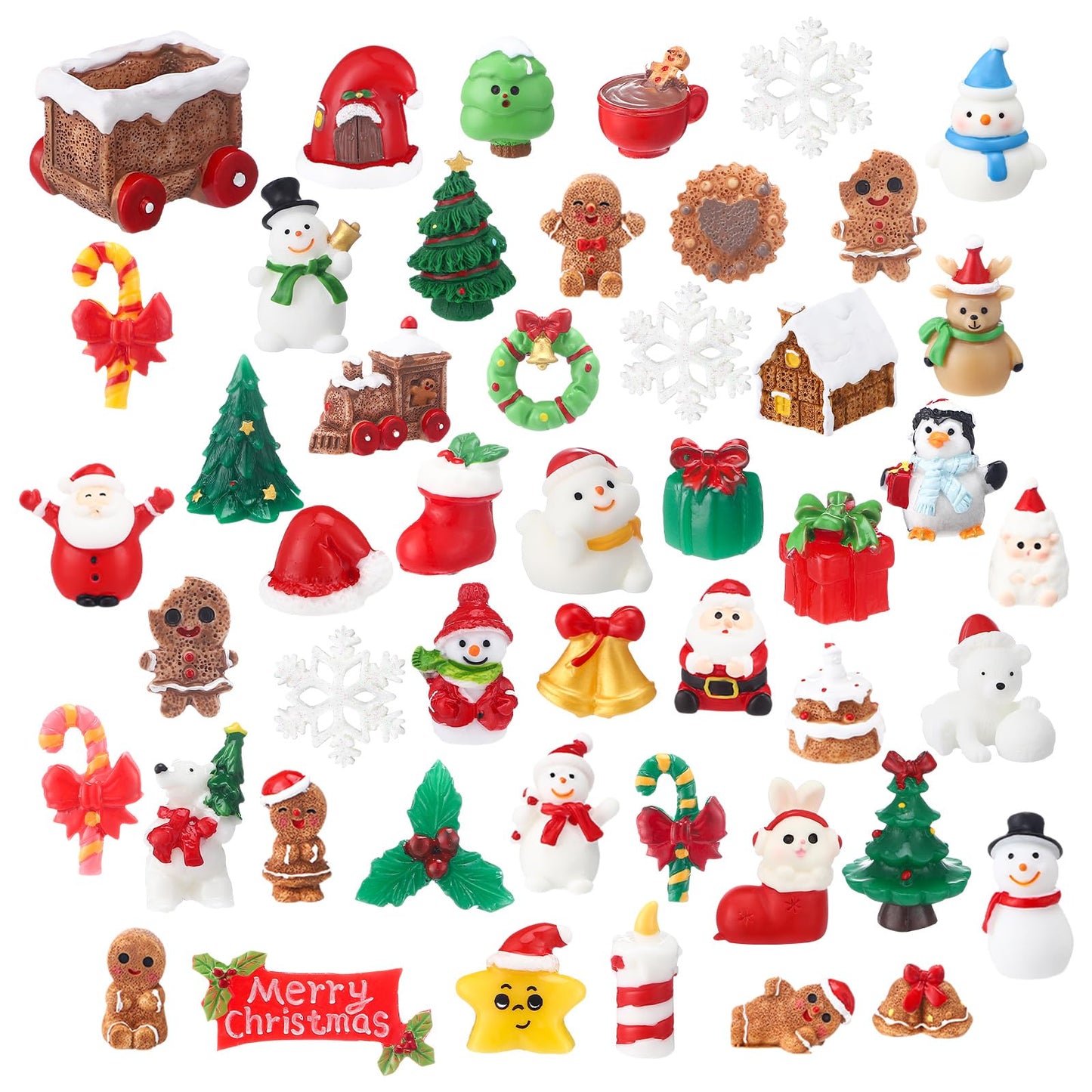 Soulchen 65 Pcs Christmas Miniature Figurines for Crafts Mini Santa Snowman Resin Charms Ornaments Bulk Snowflake Xmas Tree Reindeer Goodie Bag Fillers Gifts for Christmas Winter Party Decoration DIY