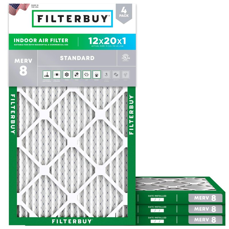 Filterbuy 12x20x1 Air Filter MERV 8 Essential Dust & Allergy Defense (4-Pack), Electrostatic Pleated HVAC AC Furnace Filters Replacement, Made in USA (Actual Size: 11.50 x 19.50 x 0.75)