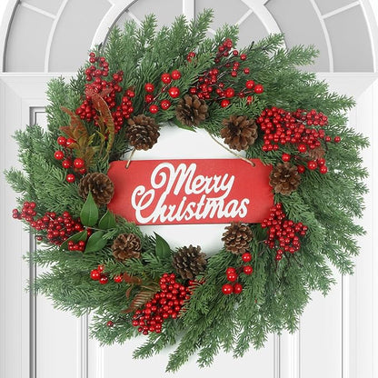 Christmas Wreaths for Front Door,Winter Wreaths for Indoor and Outdoor Decorations,Christmas Door Wreath with Pine Cones and Leaves,Berries,Wood Sign for Decor