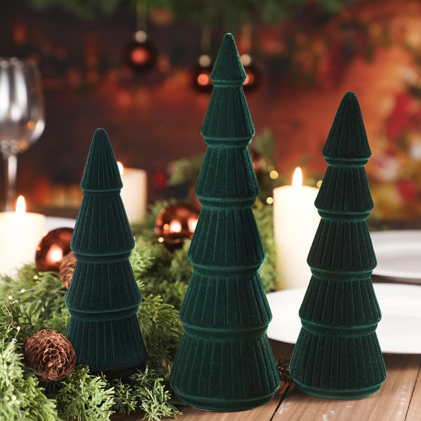 Bucherry 3 PCS Velvet Christmas Tree Figurines Decoration - 8" 10" 14" Modern Cone Christmas Tabletop Home Rustic Centerpiece Set for Winter Holiday Mantel Entryway Party Decor(Green)
