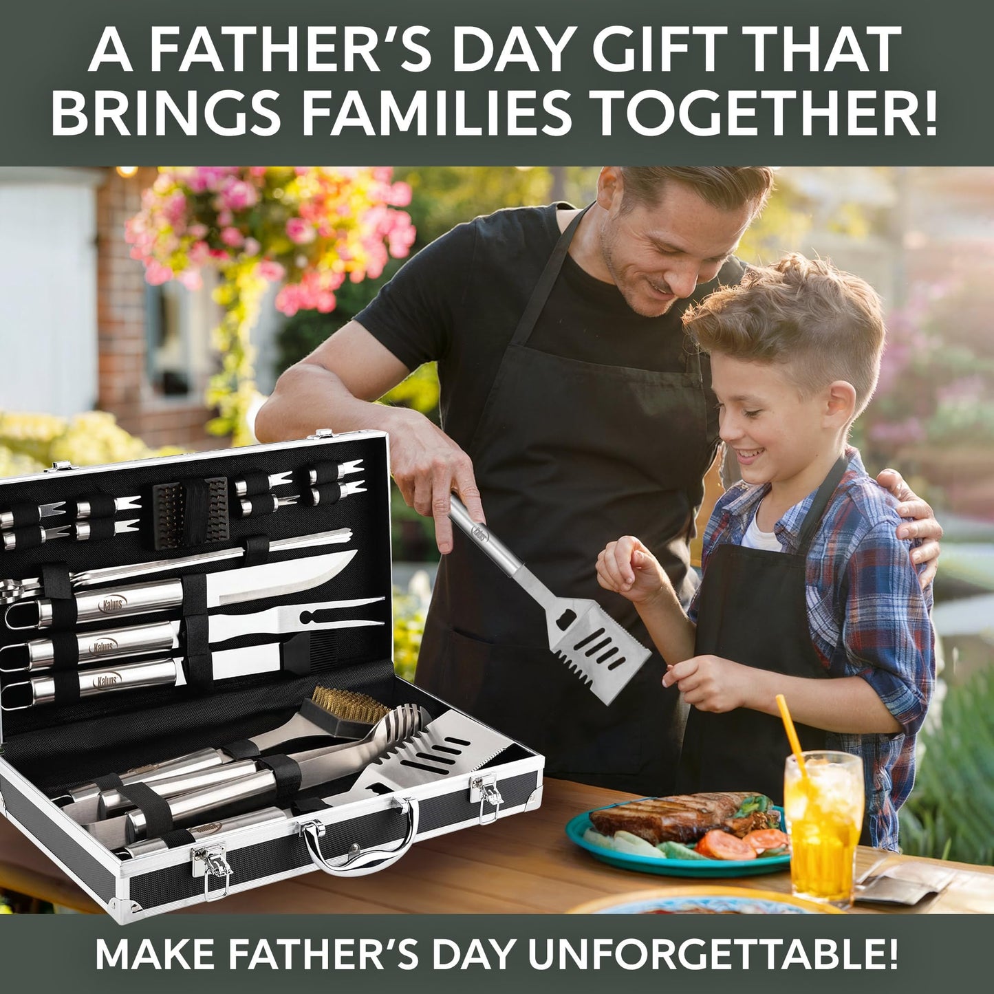 Kaluns Grilling Accessories, Birthday Gifts for Men Grilling Gifts, Heavy Duty Stainless Steel BBQ Grill Tools Set for Outdoor Grill with Aluminum Case and Apron, Husband Dad Gifts for Christmas