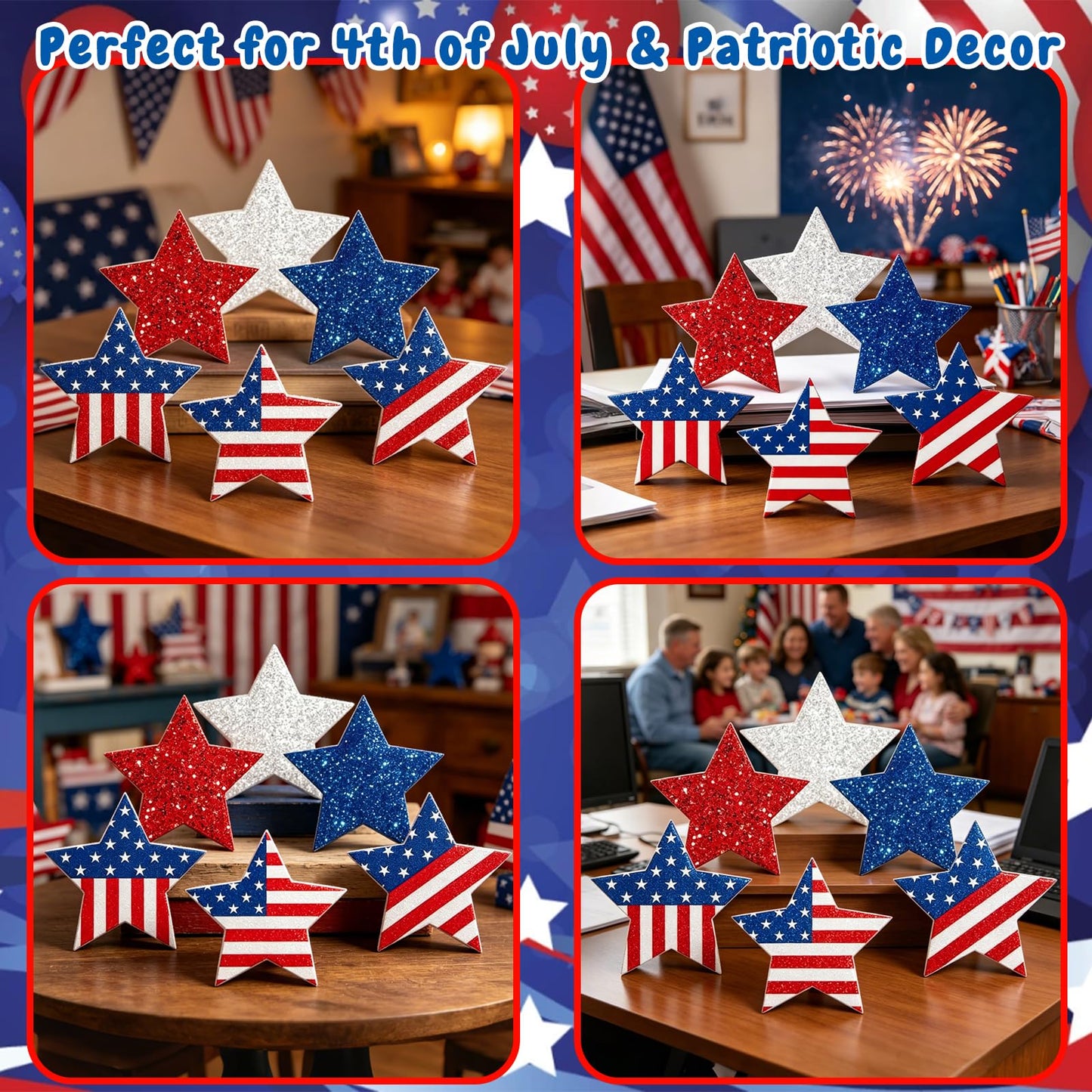 6 Pcs 4th of July Decorations Patriotic Wooden Star Signs Red White Blue Memorial Day Tiered Tray Decor Americana Table Home Decor for Independence Day Shelf Kitchen Office
