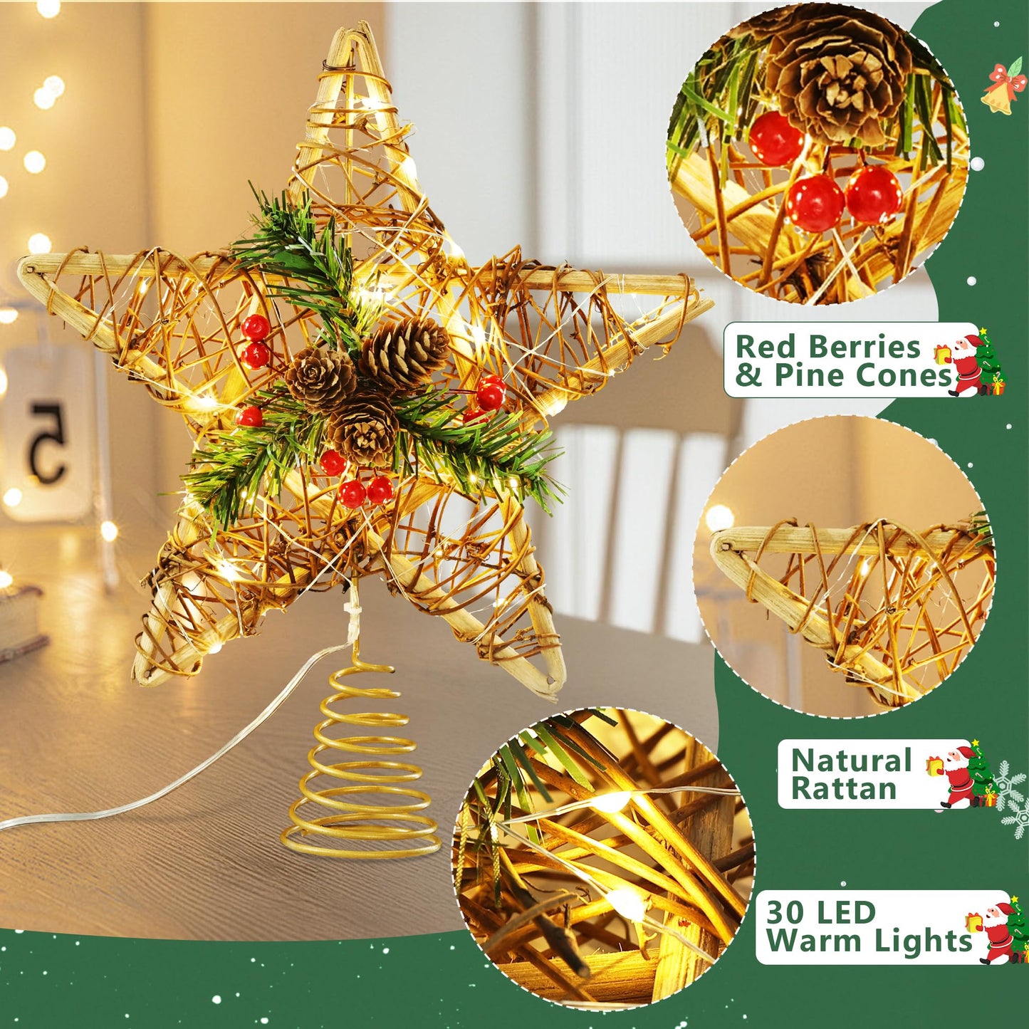 Brizled Christmas Tree Star, 10'' Rattan Christmas Tree Topper with 30 LED Lights, Battery Powered Xmas Treetop with Red Berries & Pine Cones, Xmas Tree Top Ornament for Christmas Tree Home Decor