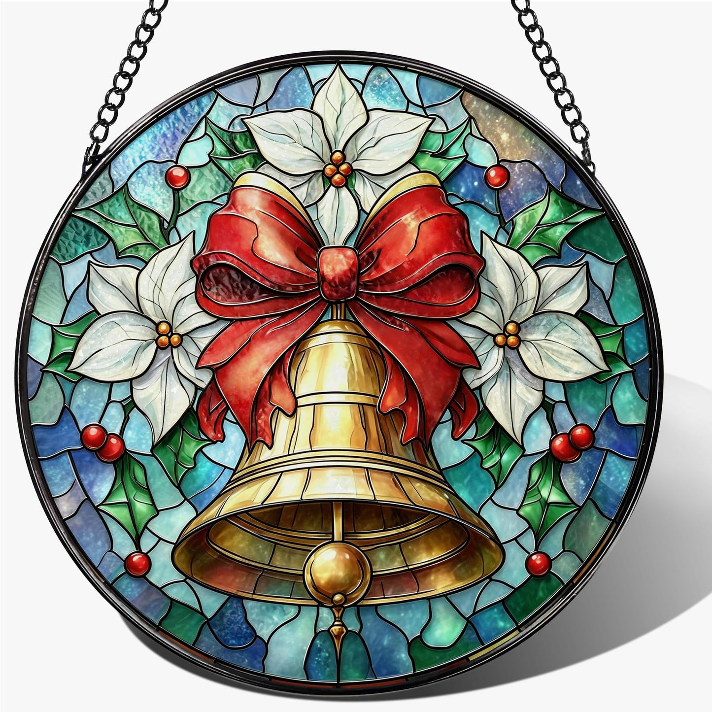 Stained Glass Window Hanging, 7.8 Inch Christmas Bell Suncatcher, Sun Catchers for Window Ornament, Festive Holiday Window Decor, Gifts for Christmas, New Year, Thanksgiving, Housewarming