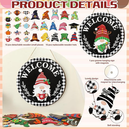Qunclay Interchangeable Wooden Gnome Decor Holiday Seasonal Gnome Decorations with Magnet Pieces and Detachable Hats Changeable Welcome Sign for Home(Trendy Style)