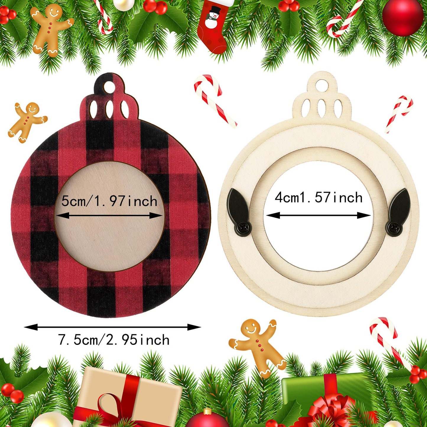 Jetec 12 Pcs Christmas Photo Ornaments Picture Frame Ornaments for Christmas Tree Wooden Ball Plaid Hanging Decorations for Xmas Party Home Decor(Red and Black, Black and White, Green)