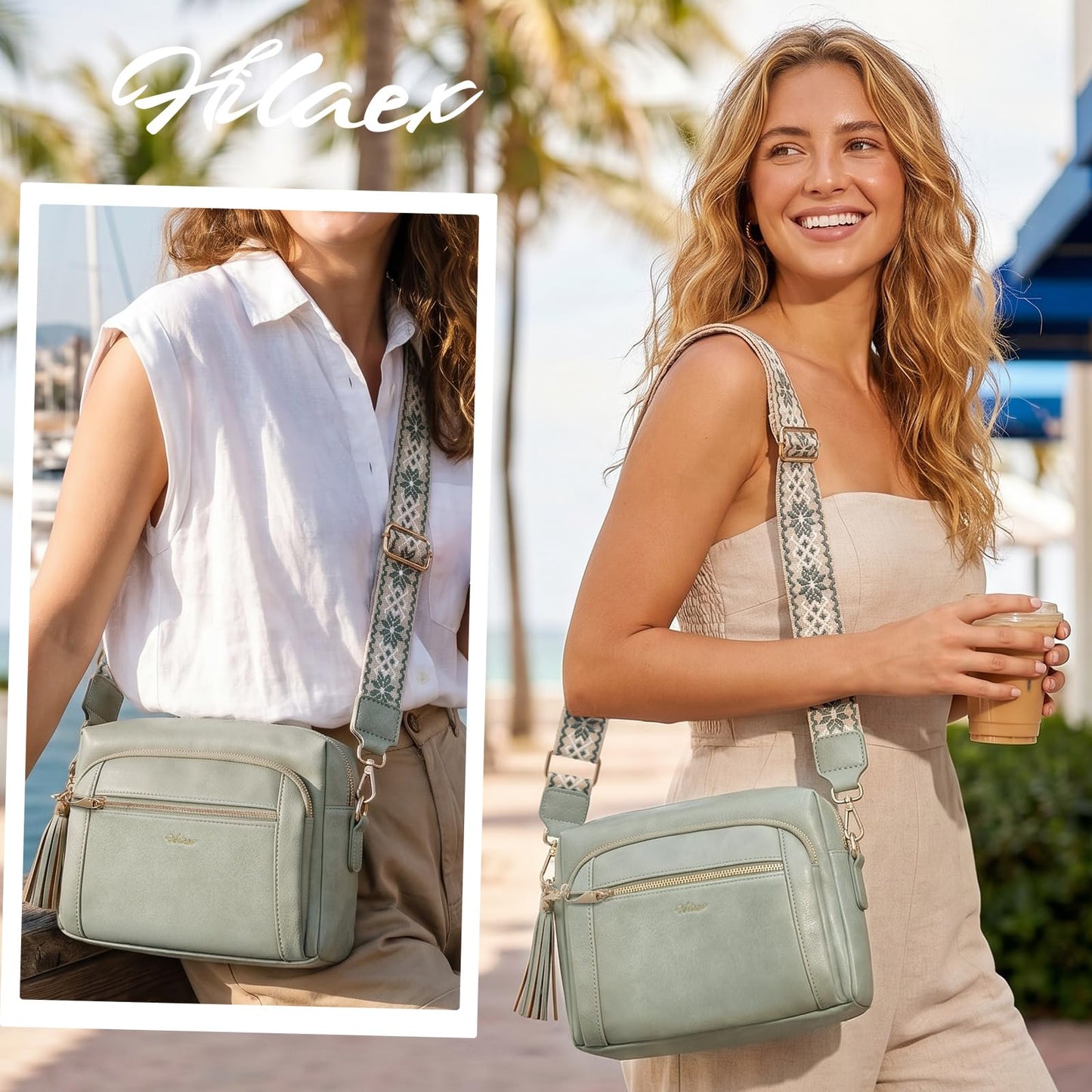 HILAEX Small Leather Crossbody Bags for Women Anti theft Purses and Handbag Shoulder Hangbag with Wide Strap Tassel Pale Green