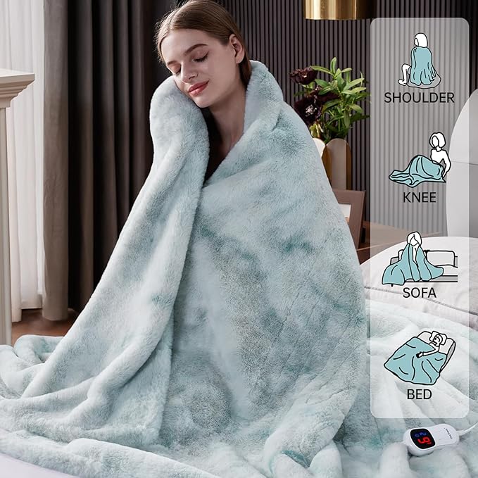 Guohaoi Heated Blanket Electric Throw, Soft Faux Rabbit Fur Electric Blanket with 10 Heating Levels 5 Sitting Timer Auto Off, Cozy Warm Heating Blankets, Machine Washable(50"×60" Blue)