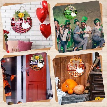 Vicenpal 22 Pcs Interchangeable Welcome Sign for Front Door with 17 Magnetic Icon Wooden Seasonal Front Porch Door Decor with 4 Seasonal Wreath for Holiday Halloween Christmas Gift (Light Brown,Goose)