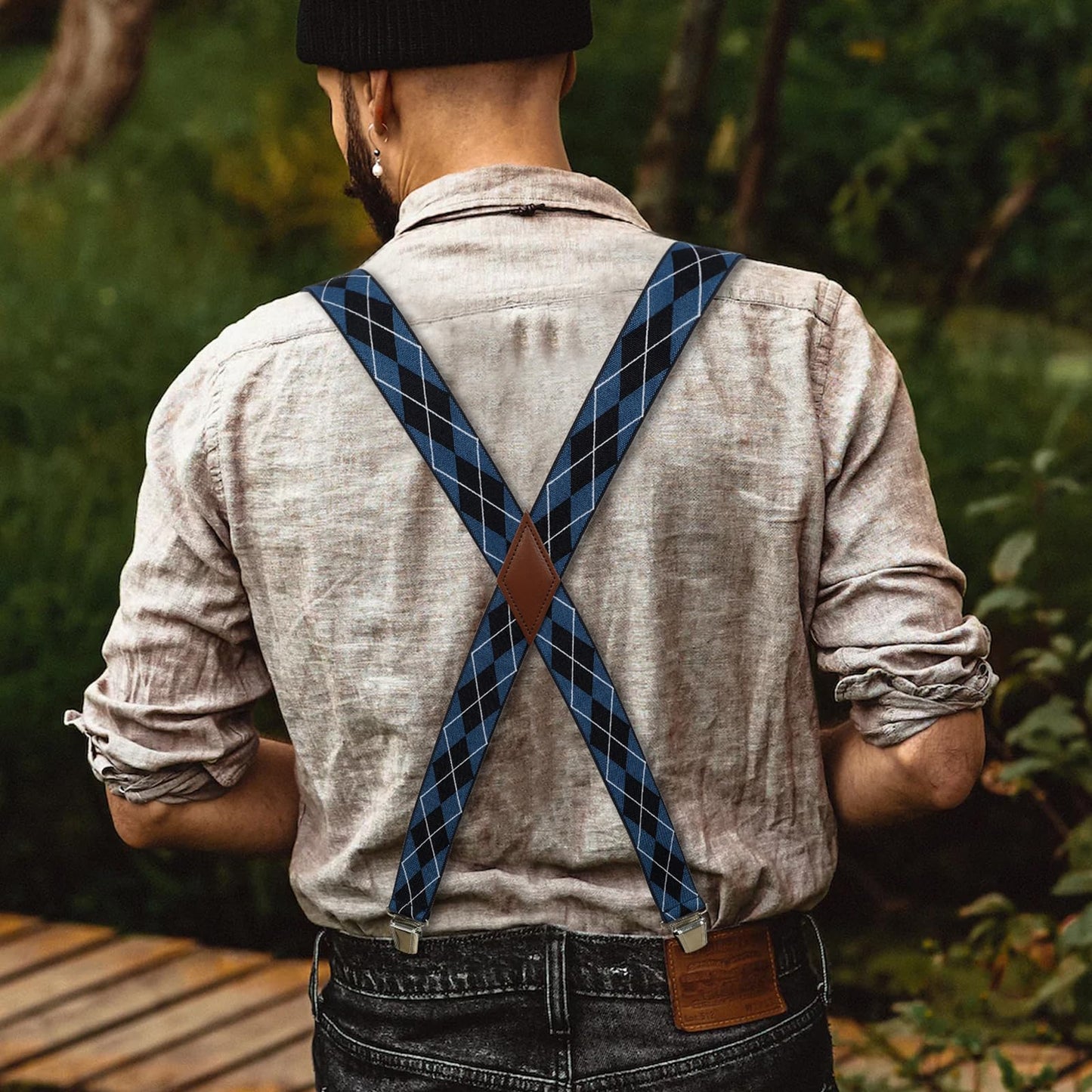 LEHOMU X-Back Suspenders for Men 1.4 Inches Wide Straight Strong Clips Suspender – Adjustable Fit Elastic Braces for Work,Perfect For Both Casual&Formal Jeans, and More,Blue Stripe