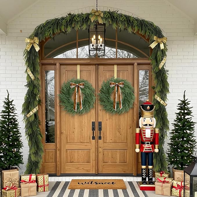 Christmas Decorations - 2 Pcs 24 Inch Christmas Wreath, Norfolk Pine Wreath, Christmas Wreaths for Front Door, Christmas Door Wreath with Bow for Outdoor Indoor with Ribbon for Home Table Wall