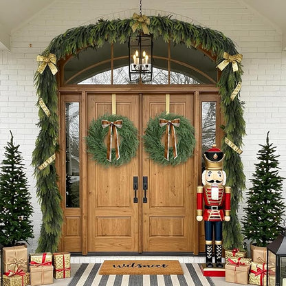 Christmas Decorations -24 Inch Christmas Wreath, Norfolk Pine Wreath, Christmas Wreaths for Front Door, Christmas Door Wreath with Bow Ribbon for Home Table Wall Window Indoor Outdoor