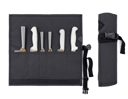 Under NY Sky Knife Roll Case - 6 Slots - Heavy Duty Oxford Canvas Pouch - Leather Reinforced - Portable Bag for Cooking Tools, Utensils, Cutlery Knives, Brushes - Chefs, Kitchen, Travel, Gift - Gray