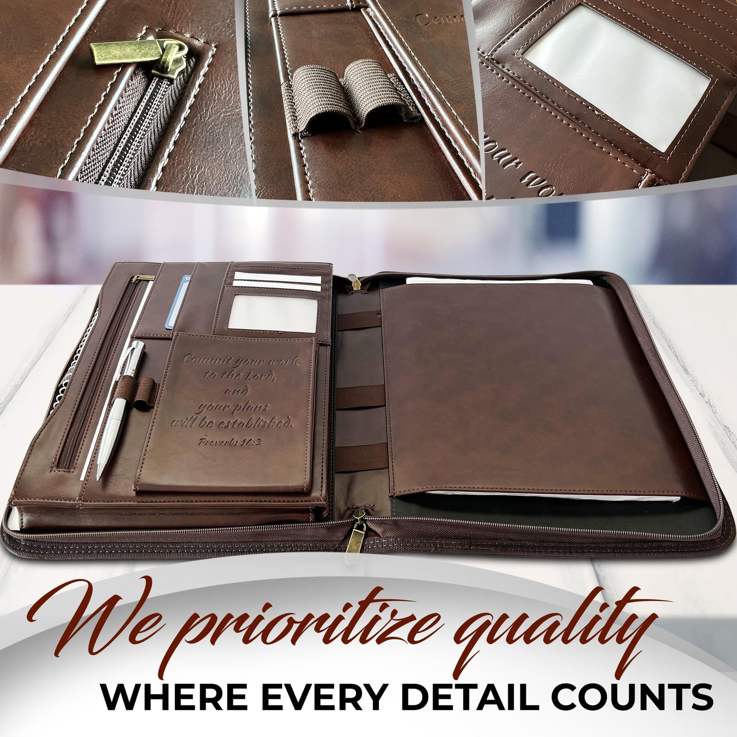 DEHITE Leather Portfolio for Men – Padfolio Case for Men and Women – Brown Bible Notebook Organizer – Pen Slots – Zipper Binder – Premium PU Leather – Feels Like Full-Grain – Office Gift Accessories