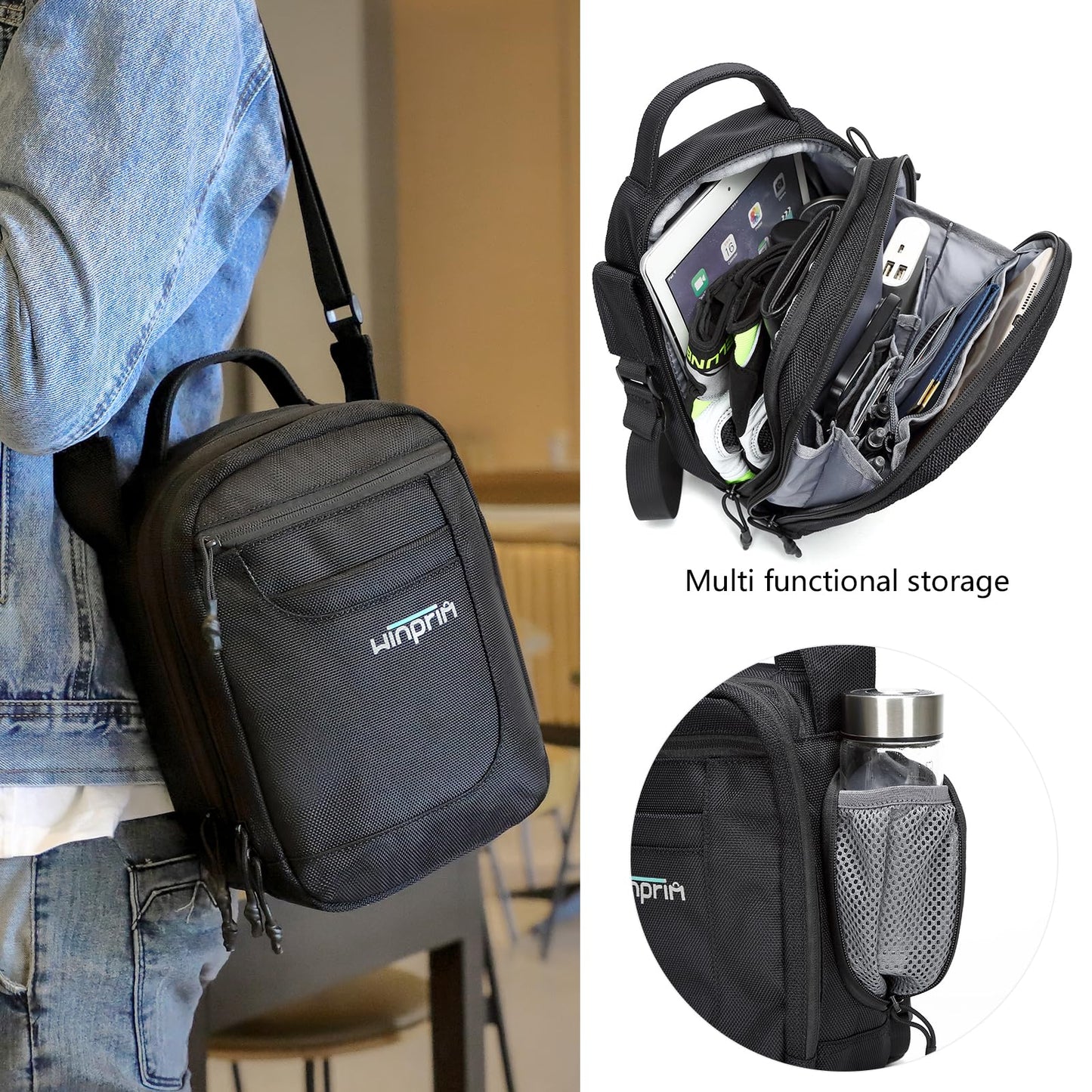 WINPRIM Small Crossbody Bag for Men & Women, Mini Messenger Shoulder Bag for Travel, Phone & Passport, Water-Resistant Canvas Satchel for Everyday Use, 10.4'' x 4.7'' x 7.8''